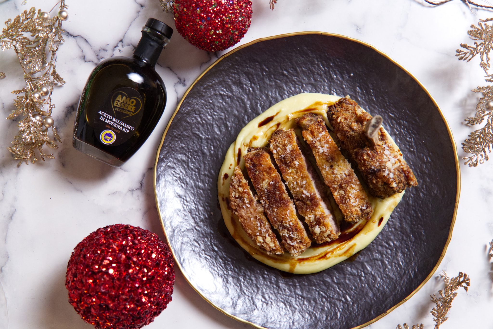 Cotoletta di maiale, purè e aceto balsamico ricetta